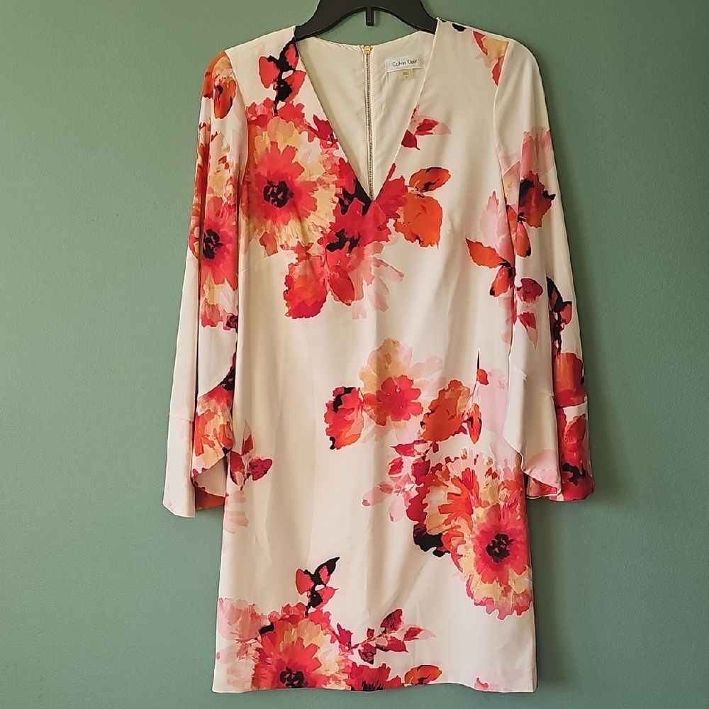 Calvin Klein Floral Long Sleeve Dress - Red and Pink